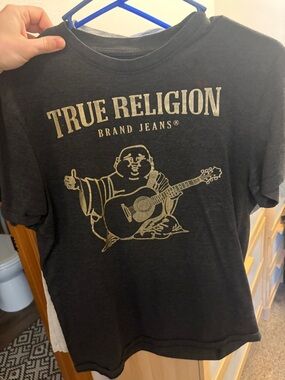 True Religion Black Tee with Gold Buddha Guitar Graphic